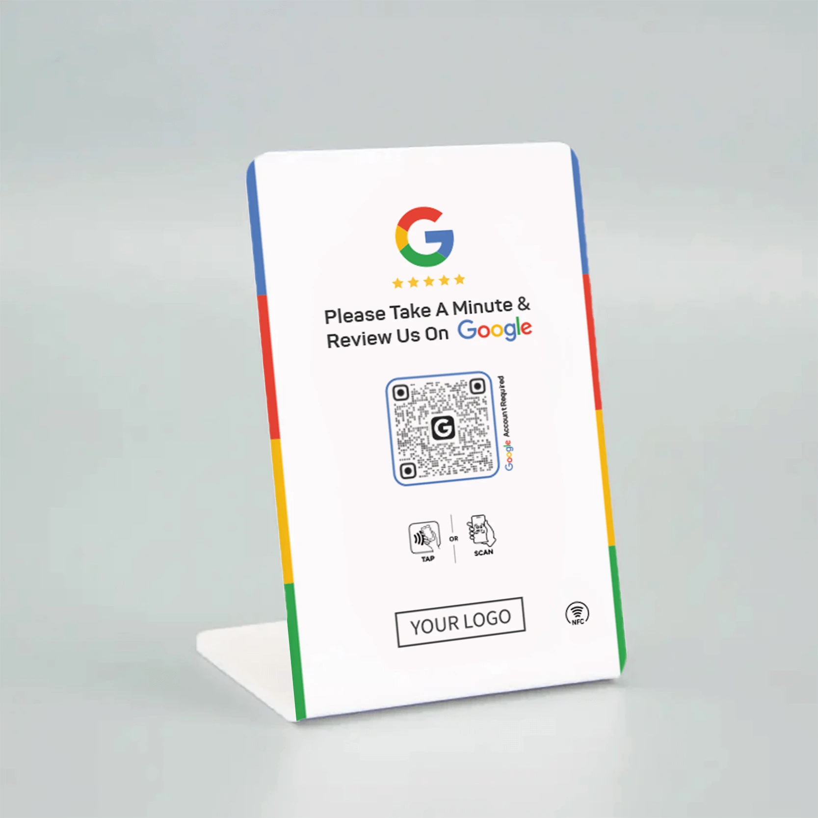 QR code review stand on a café counter next to a till