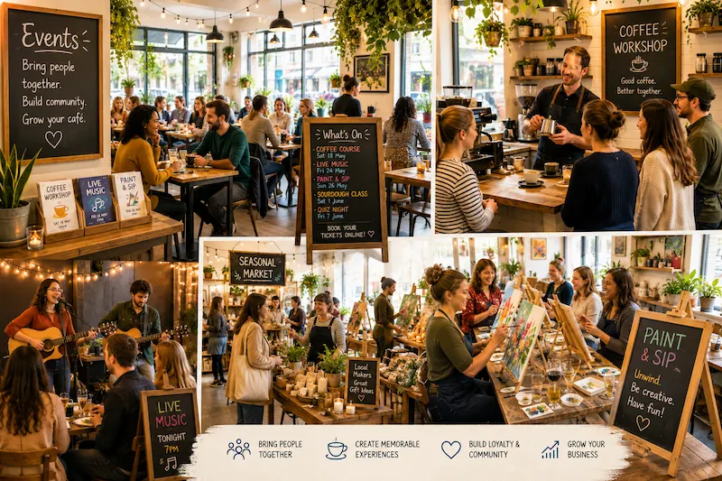 Independent café set up for an evening event with tables arranged for a group workshop