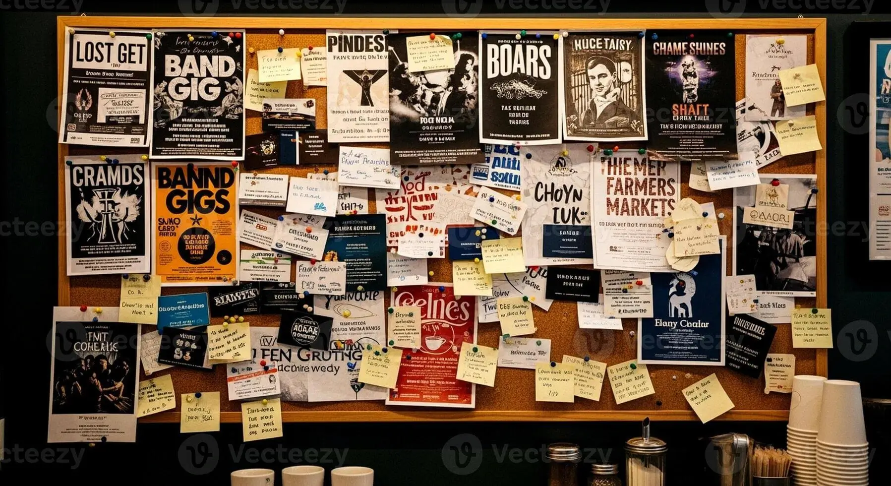 A warm independent coffee shop with a community noticeboard and happy customers