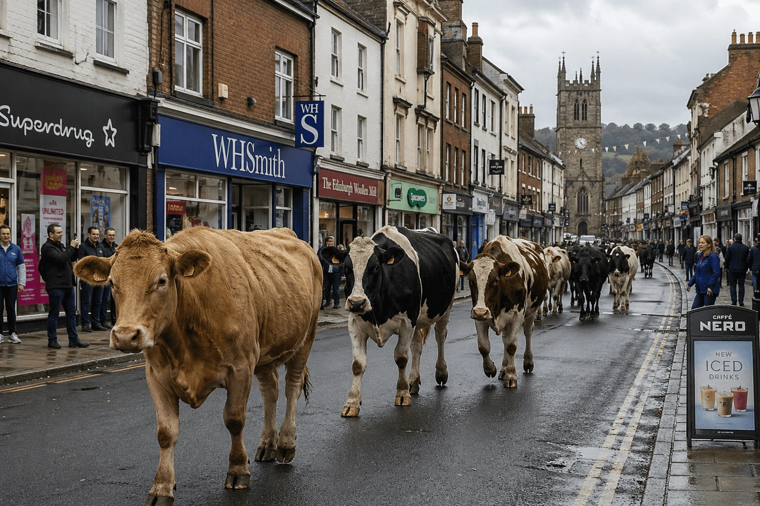 Cows wandering down a high street, illustrating customers without a loyalty programme