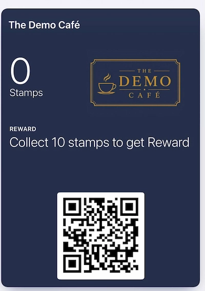 Example café loyalty card displayed inside Apple Wallet on an iPhone