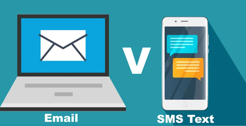 Cartoon illustration of an email open on a laptop next to a phone showing an SMS text message, representing email versus SMS marketing