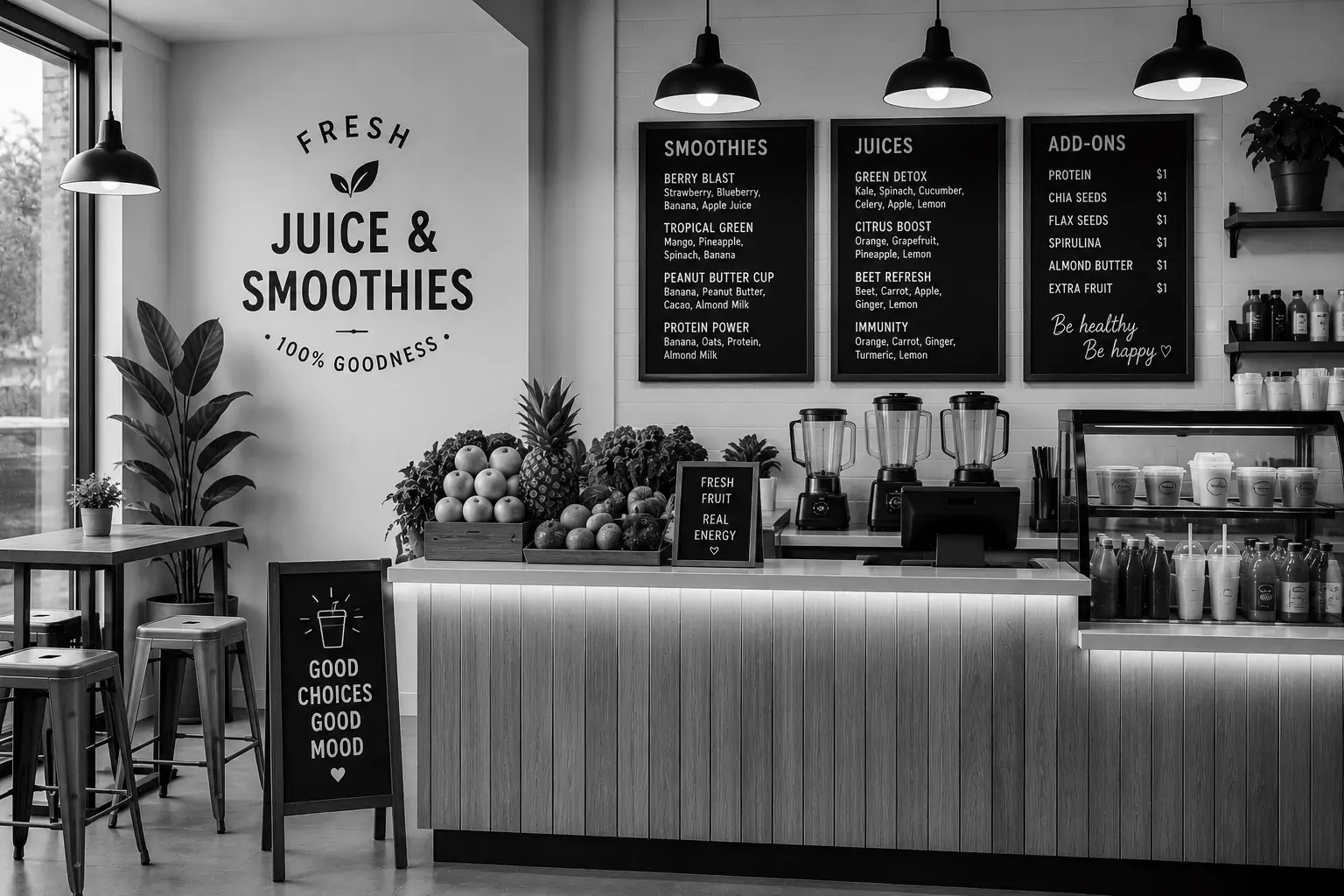Juice bar customer checking a loyalty pass on their phone at the counter