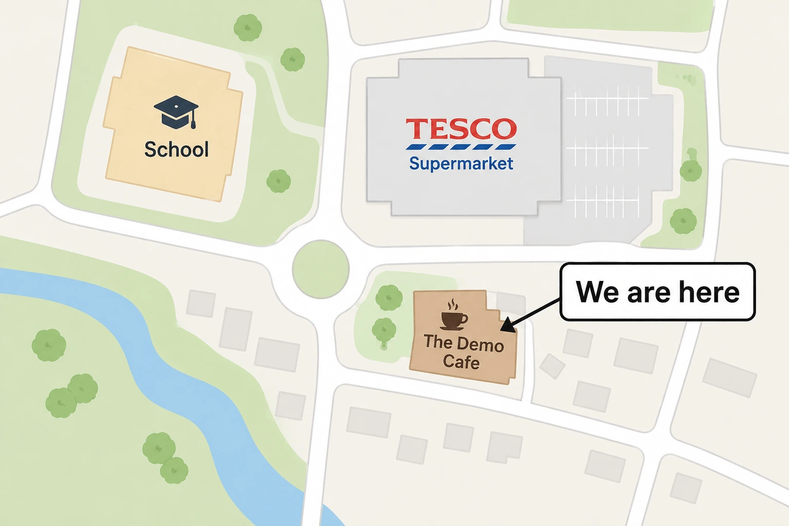 Map on a Shakes 2GO leaflet showing local landmarks to help customers find the shop