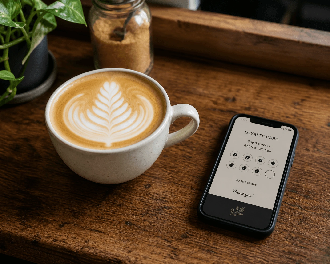 Flat white on a wooden café counter with a digital loyalty card visible on a smartphone beside it