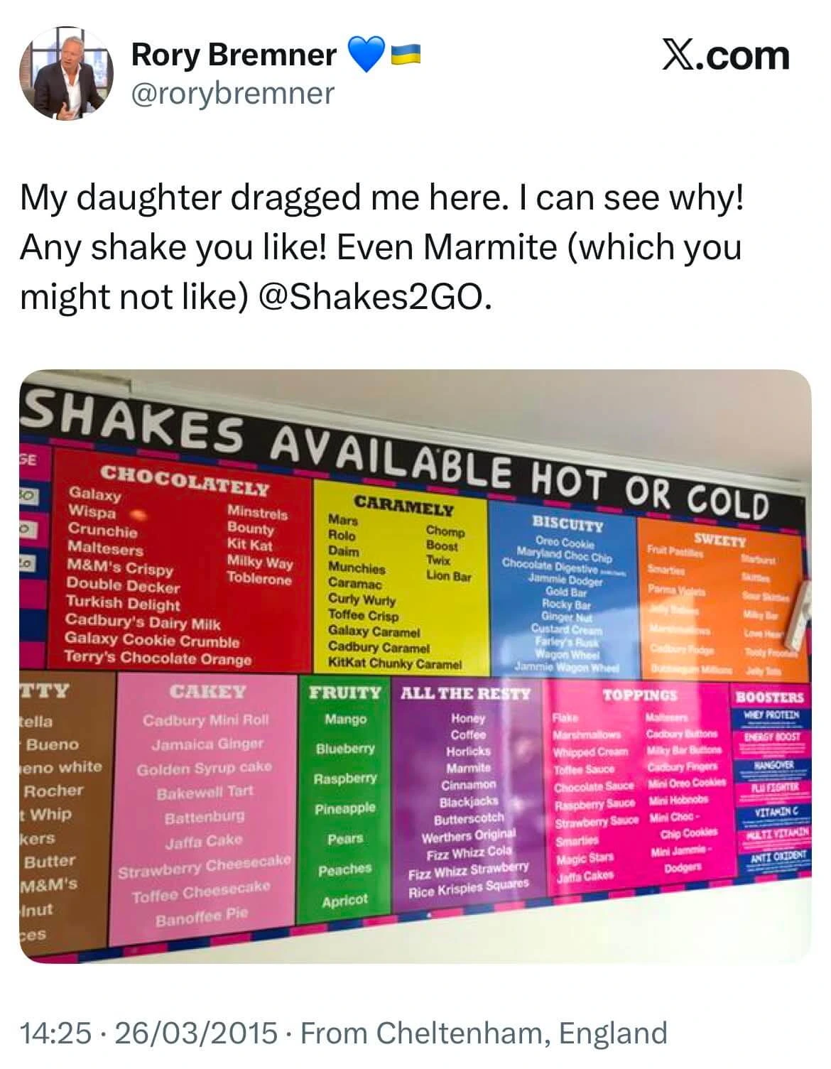 Rory Bremner's tweet about the Marmite milkshake at Shakes 2GO in Cheltenham